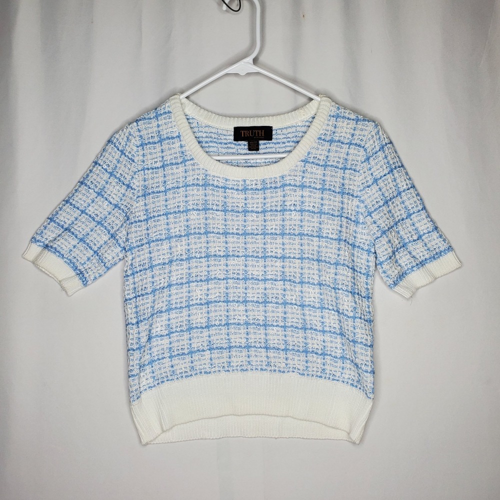 Truth By Republic Tweed Short Sleeve Sweater Women XS Blue White Preppy Feminine